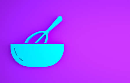 Blue Kitchen whisk and bowl icon isolated on purple background. Cooking utensil, egg beater. Cutlery sign. Food mix symbol. Minimalism concept. 3d illustration 3D renderの写真素材