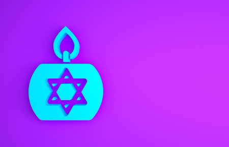 Blue Burning candle in candlestick with star of david icon isolated on purple background. Cylindrical candle stick with burning flame. Minimalism concept. 3d illustration 3D renderの写真素材