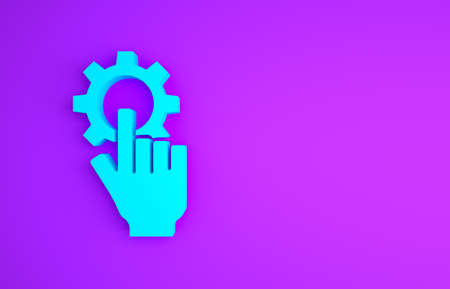 Blue Settings in the hand icon isolated on purple background. Minimalism concept. 3d illustration 3D renderの写真素材