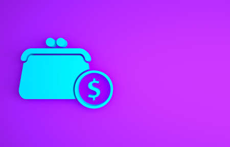 Blue Wallet with coins icon isolated on purple background. Purse icon. Cash savings symbol. Minimalism concept. 3d illustration 3D renderの写真素材