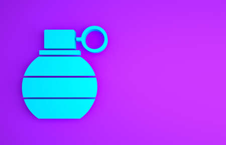 Blue Hand grenade icon isolated on purple background. Bomb explosion. Minimalism concept. 3d illustration 3D renderの写真素材