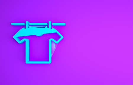 Blue Drying clothes icon isolated on purple background. Clean shirt. Wash clothes on a rope with clothespins. Clothing care and tidiness. Minimalism concept. 3d illustration 3D renderの写真素材