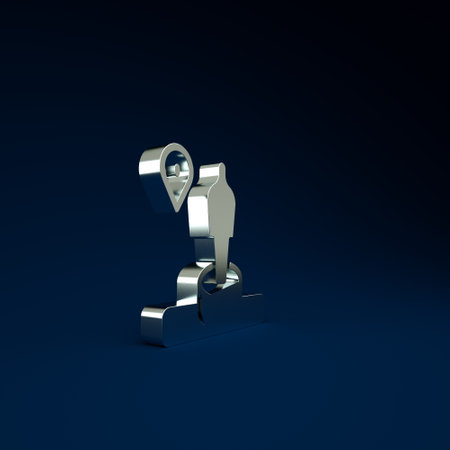 Silver Map pin and monument icon isolated on blue background. Navigation, pointer, location, map, gps, direction, place, compass, search concept. Minimalism concept. 3d illustration 3D renderの写真素材