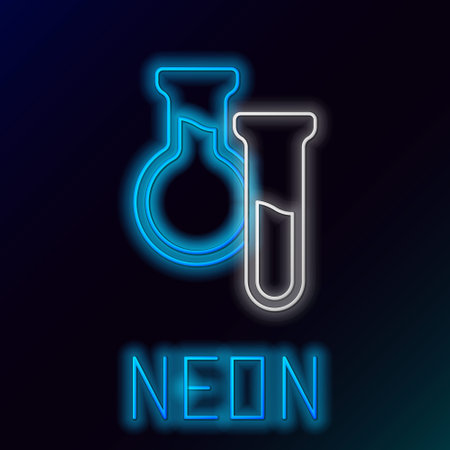 Glowing neon line Test tube and flask icon isolated on black background. Chemical laboratory test. Laboratory glassware. Colorful outline concept. Vectorのイラスト素材