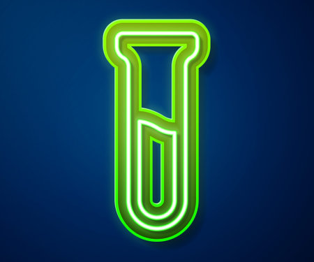 Glowing neon line Test tube and flask icon isolated on blue background. Chemical laboratory test. Laboratory glassware. Vectorのイラスト素材