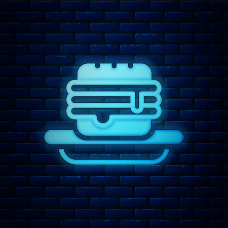 Glowing neon Junk food icon isolated on brick wall background. Prohibited hot dog. No Fast food sign. Vectorのイラスト素材