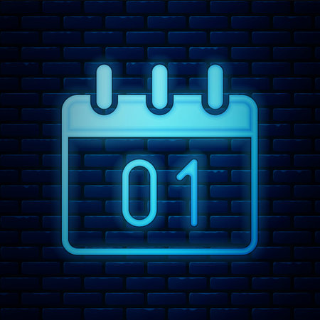 Glowing neon Calendar icon isolated on brick wall background. Event reminder symbol. Merry Christmas and Happy New Year. Vectorのイラスト素材