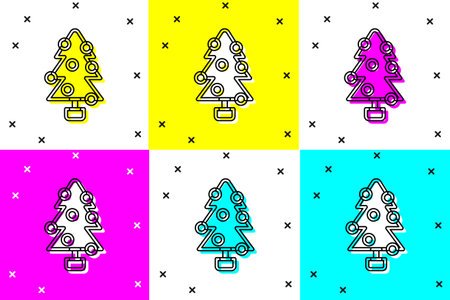 Set Christmas tree with decorations icon isolated on color background. Merry Christmas and Happy New Year. Vectorのイラスト素材