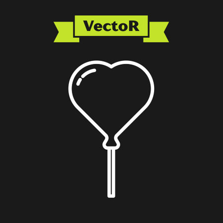 White line Balloon in form of heart with ribbon icon isolated on black background. Valentines day. Vectorのイラスト素材