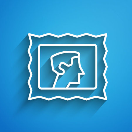 White line Postal stamp icon isolated on blue background. Long shadow. Vectorのイラスト素材