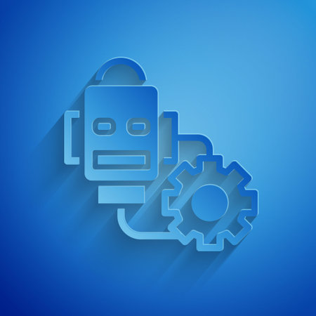 Paper cut Robot setting icon isolated on blue background. Artificial intelligence, machine learning, cloud computing. Paper art style. Vectorのイラスト素材