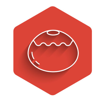 White line Jewish sweet bakery icon isolated with long shadow. Hanukkah sufganiyot. Jewish easter cake. Red hexagon button. Vectorのイラスト素材