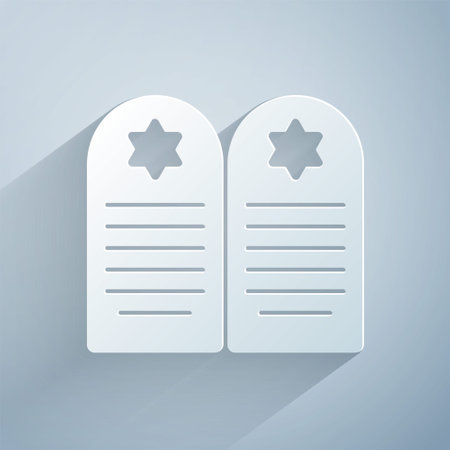 Paper cut Tombstone with star of david icon isolated on grey background. Jewish grave stone. Gravestone icon. Paper art style. Vectorのイラスト素材