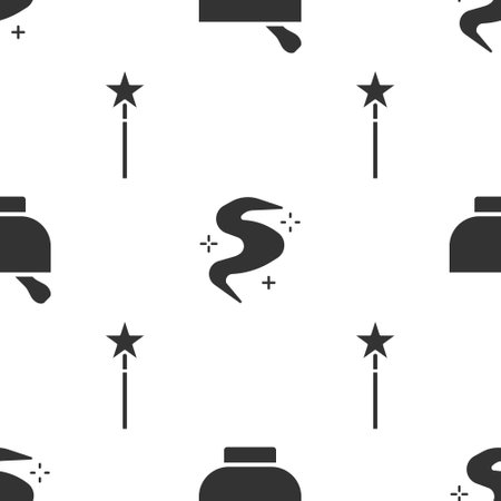 Set Magic mortar and pestle, Magic fog or smoke and Magic wand on seamless pattern. Vectorのイラスト素材