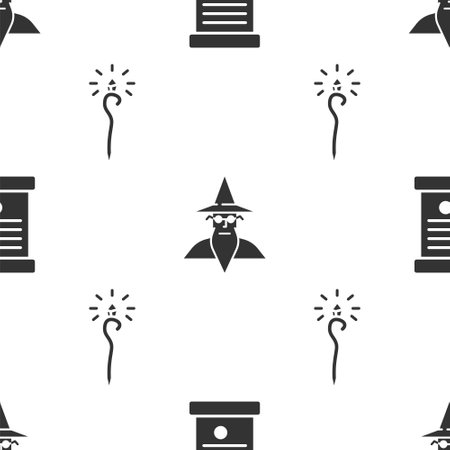 Set Decree, paper, parchment, scroll, Wizard warlock and Magic staff on seamless pattern. Vectorのイラスト素材