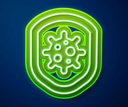 Glowing neon line Shield protecting from virus, germs and bacteria icon isolated on blue background. Immune system concept. Corona virus 2019-nCoV. Vectorのイラスト素材