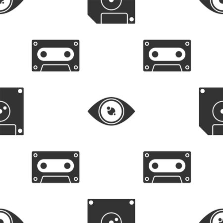 Set Floppy disk for computer data storage, Eye and Retro audio cassette tape on seamless pattern. Vectorのイラスト素材