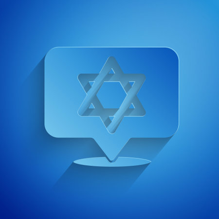 Paper cut Star of David icon isolated on blue background. Jewish religion symbol. Symbol of Israel. Paper art style. Vectorのイラスト素材