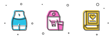 Set Women waist, Paper package for milk and Medical book icon. Vectorのイラスト素材