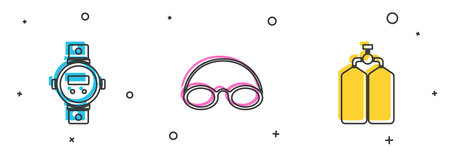Set Diving watch, Glasses and cap and Aqualung icon. Vectorのイラスト素材