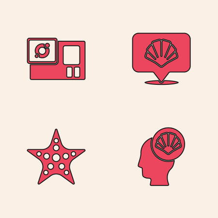 Set Scallop sea shell, Action camera, and Starfish icon. Vectorのイラスト素材