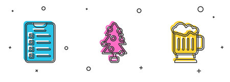 Set New year goals list, Christmas tree and Wooden beer mug icon. Vectorのイラスト素材