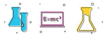 Set Test tube and flask, Equation solution and Test tube and flask icon. Vector