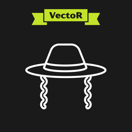 White line Orthodox jewish hat with sidelocks icon isolated on black background. Jewish men in the traditional clothing. Judaism symbols. Vectorのイラスト素材