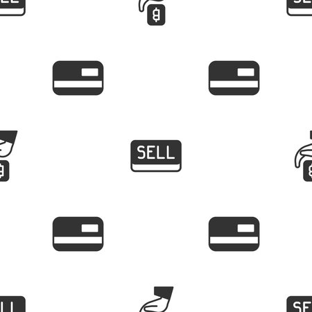 Set Hand holding Bitcoin, Sell button and Credit card on seamless pattern. Vectorのイラスト素材