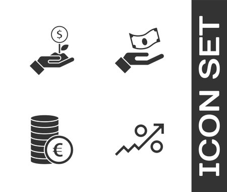 Set Percent up arrow, Dollar plant, Coin money with euro symbol and Hand holding icon. Vectorのイラスト素材