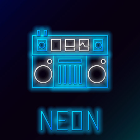 Glowing neon line DJ remote for playing and mixing music icon isolated on black background. DJ mixer complete with vinyl player and remote control. Colorful outline concept. Vectorのイラスト素材
