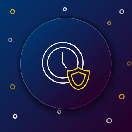 Line Clock with shield icon isolated on blue background. Security, safety, protection, privacy concept. Colorful outline concept. Vectorのイラスト素材