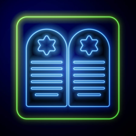 Glowing neon Tombstone with star of david icon isolated on blue background. Jewish grave stone. Gravestone icon. Vectorのイラスト素材