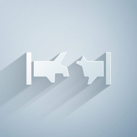 Paper cut Broken metal pipe with leaking water icon isolated on grey background. Paper art style. Vectorのイラスト素材