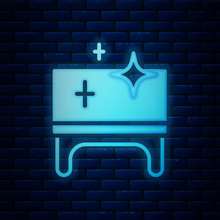 Glowing neon Clean wooden table icon isolated on brick wall background. Vectorのイラスト素材
