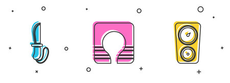 Set Knife, Life jacket and Gauge scale icon. Vector