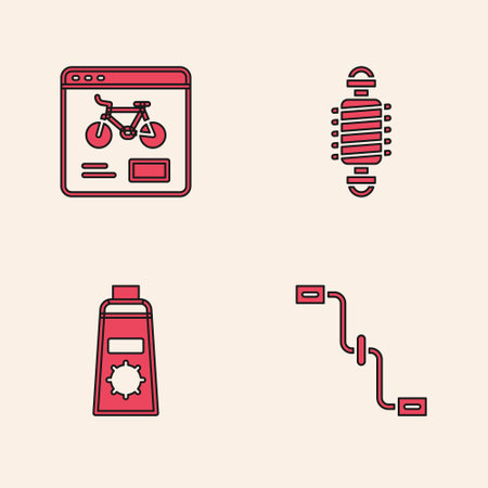 Set Bicycle pedals, rental mobile app, suspension and Sunscreen cream in tube icon. Vector