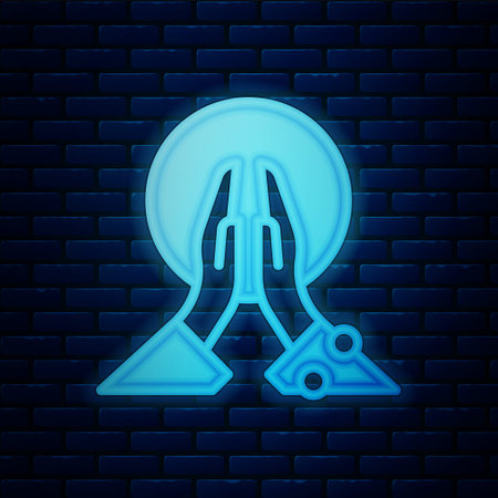 Glowing neon Meditation icon isolated on brick wall background. Vectorのイラスト素材
