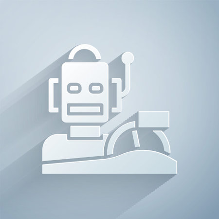 Paper cut Robot humanoid driving a car icon isolated on grey background. Artificial intelligence, machine learning, cloud computing. Paper art style. Vectorのイラスト素材