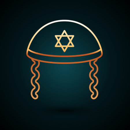 Gold line Jewish kippah with star of david and sidelocks icon isolated on dark blue background. Jewish yarmulke hat. Vectorのイラスト素材