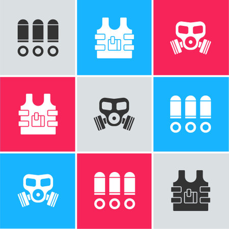 Set Bullet, Bulletproof vest and Gas mask icon. Vectorのイラスト素材