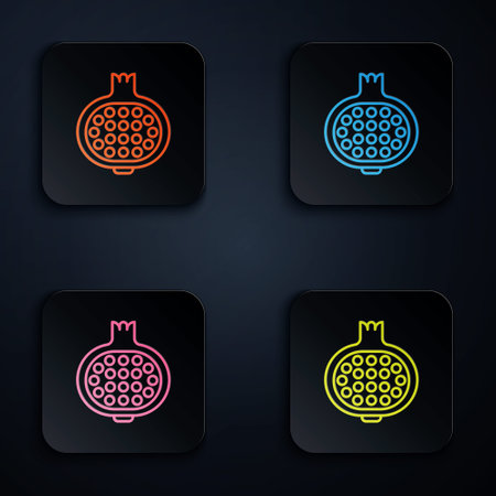 Color neon line Pomegranate icon isolated on black background. Garnet fruit. Set icons in square buttons. Vectorのイラスト素材