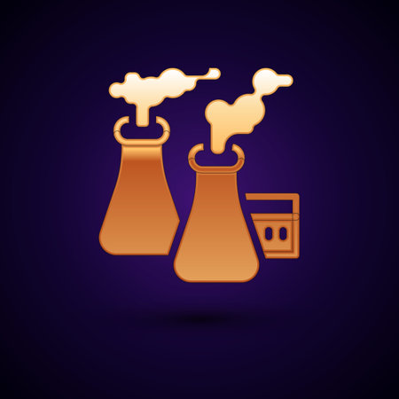 Gold Smoke from factory icon isolated on black background. Environmental pollution problem, smoke pipes of factory, ecology industrial harm. Vectorのイラスト素材