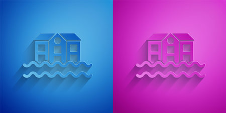 Paper cut House flood icon isolated on blue and purple background. Home flooding under water. Insurance concept. Security, safety, protection, protect concept. Paper art style. Vectorのイラスト素材
