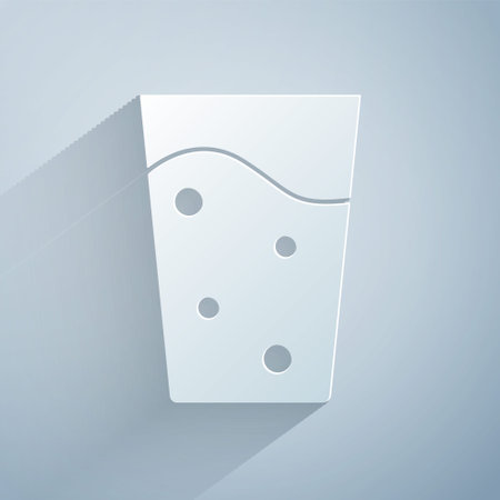 Paper cut Glass with water icon isolated on grey background. Soda glass. Paper art style. Vectorのイラスト素材