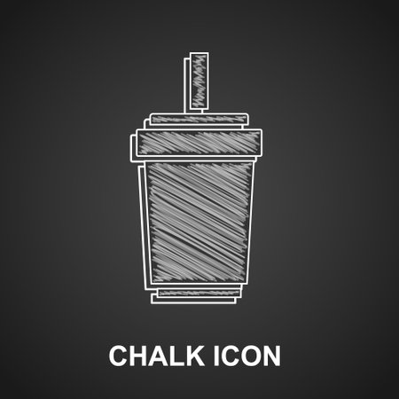 Chalk Paper glass with drinking straw and water icon isolated on black background. Soda drink glass. Fresh cold beverage symbol. Vectorのイラスト素材