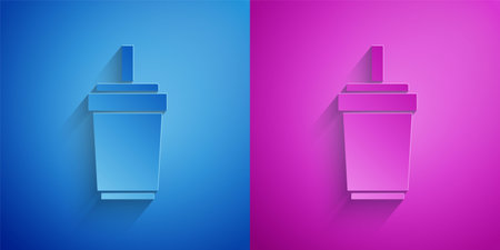 Paper cut Paper glass with drinking straw and water icon isolated on blue and purple background. Soda drink glass. Fresh cold beverage symbol. Paper art style. Vectorのイラスト素材