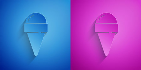 Paper cut Ice cream in waffle cone icon isolated on blue and purple background. Sweet symbol. Paper art style. Vectorのイラスト素材