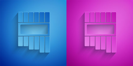 Paper cut Pan flute icon isolated on blue and purple background. Traditional peruvian musical instrument. Zampona. Folk instrument from Peru, Bolivia and Mexico. Paper art style. Vectorのイラスト素材