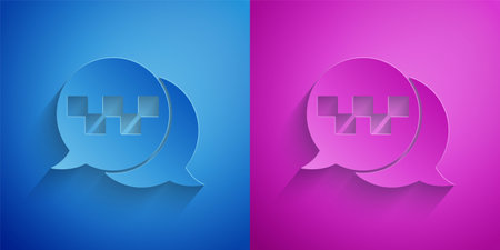 Paper cut Taxi call telephone service icon isolated on blue and purple background. Speech bubble symbol. Taxi for smartphone. Paper art style. Vectorのイラスト素材